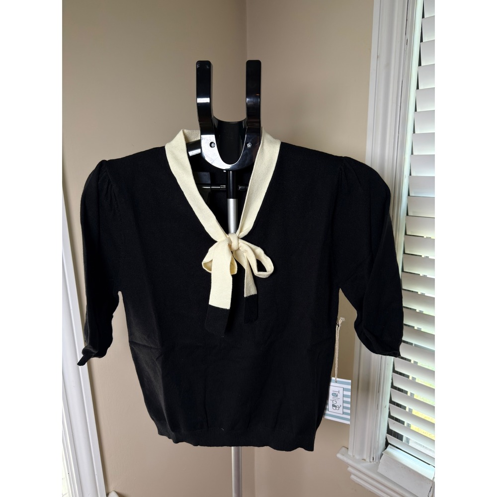 Tulip B J317 Womens Black Cream Tie Neck Puff Sleeve Sweater JSJT246 Small NWT